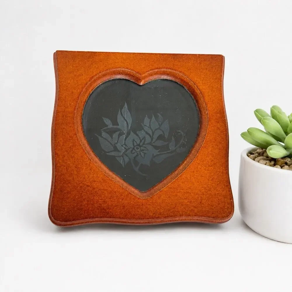 Vintage Dark Wood Jewelry Box with heart shaped glass panel